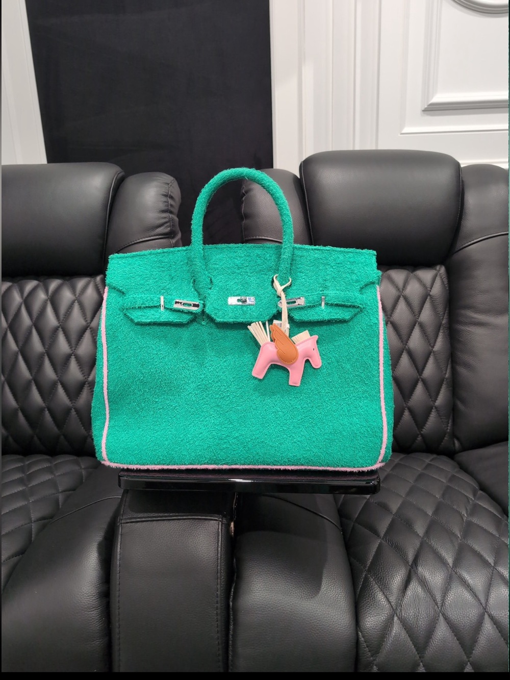 Kitson Oversized Birkin Style Kelly Green Tote Bag with Pink Trim and Pony Charm